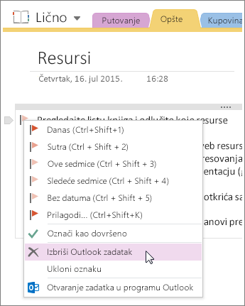 Snimak ekrana koji pokazuje kako da izbrišete Outlook zadatak u programu OneNote 2016.