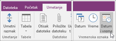 Snimak ekrana dugmeta „Datum i vreme“ u programu OneNote 2016.