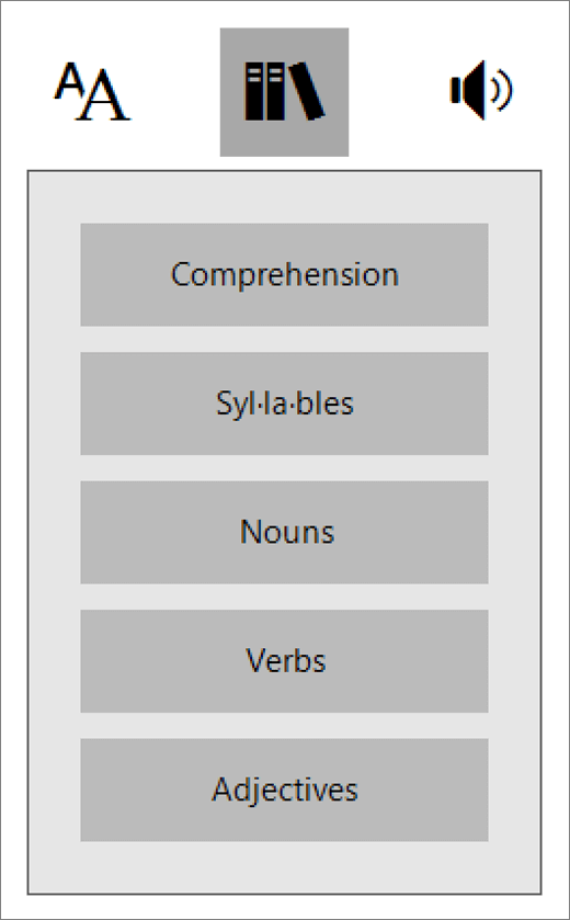 Delovi govora meni u sveobuhvatne Reader koji je deo učenje alatke za OneNote.