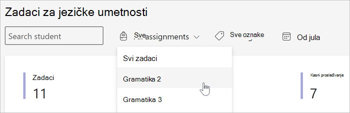 snimak ekrana dostupnih filtera u prikazu "Zadaci i ocene" u prikazu "Uvidi". možete da pretražite po studentu, po zadatku po oznaci ili po datumu.