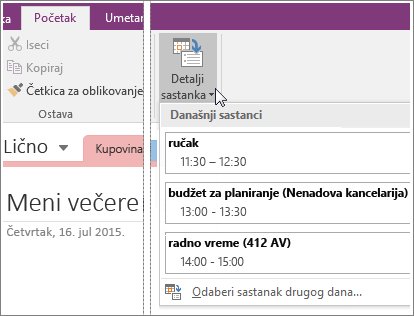 Snimak ekrana dugmeta „Detalji sastanka“ u programu OneNote 2016.