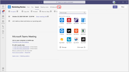 Slika pokazuje gde možete da pronađete aplikacije za dodavanje u poziv za sastanak.
