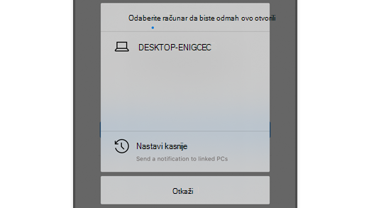 Snimak ekrana koji prikazuje izbor računara u pregledaču Microsoft Edge na iOS uređaju tako da korisnik može da otvori veb stranicu na svom računaru.
