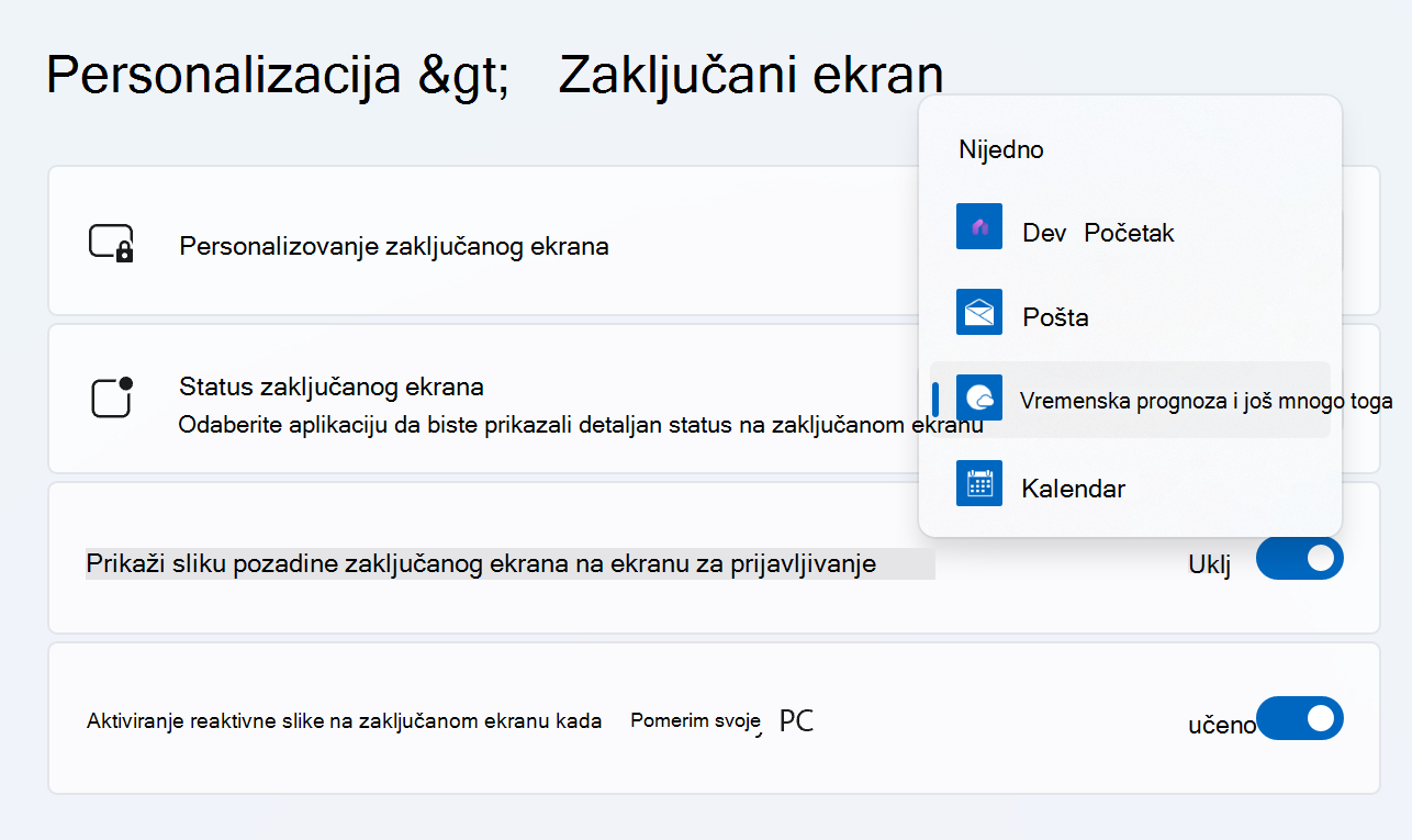 Windows 11 detaljne postavke statusa na zaključanom ekranu