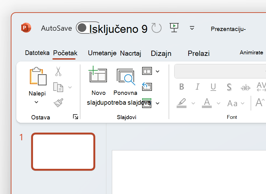 Snimak ekrana gornjeg levog u programu PowerPoint u beloj temi.