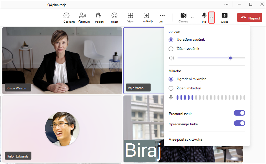 Snimak ekrana koji ističe padajuću strelicu pored mikrofona na sastanku u usluzi Teams.