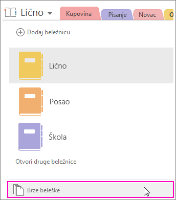 Snimak ekrana okna „OneNote 2016 beležnice“ sa istaknutim brzim beleškama