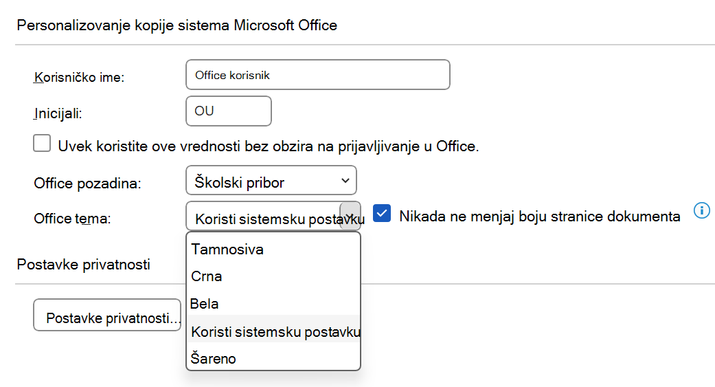 Padajući izbor za Office temu razvijenog u dijalogu Opcije.