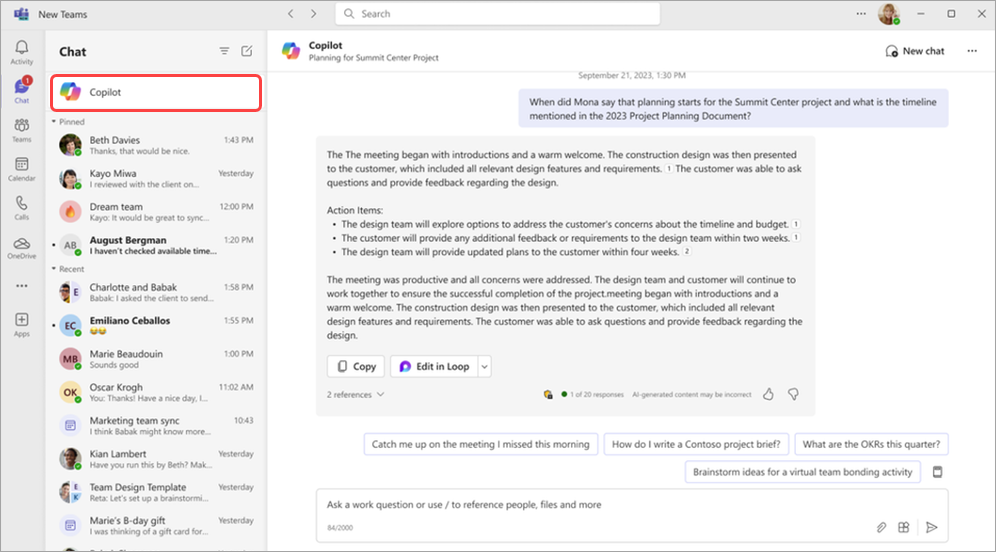 Snimak ekrana koji ističe copilot aplikaciju iznad ćaskanja u usluzi Microsoft Teams