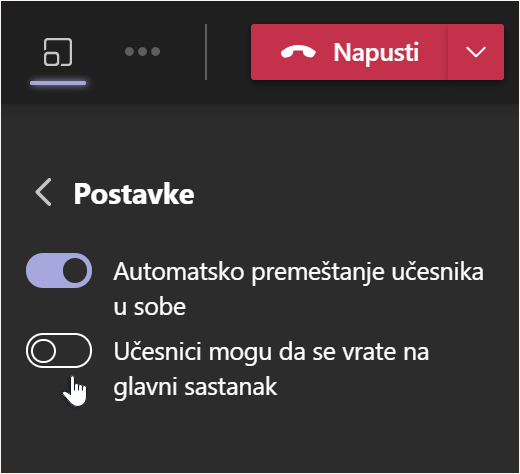 Postavke sobe za pojedinačne sastanke u aplikaciji Teams