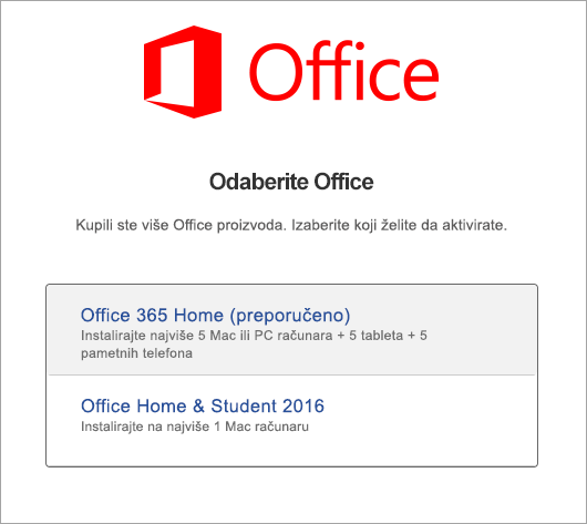 Odaberite tip licence za Office 2016 za Mac