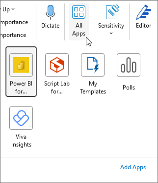 Iskačući meni "Sve aplikacije" u programu Outlook za Windows.