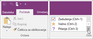 Snimak ekrana liste oznaka u programu OneNote 2016.