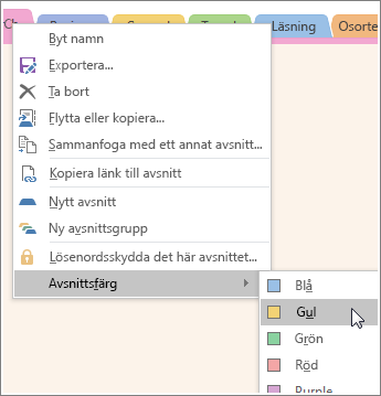 Skärmbild av hur du ändrar avsnittsfärg i OneNote 2016.