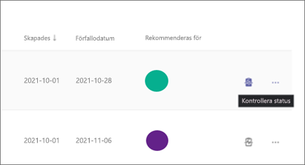 Välj ... Kontrollera status för att se om rekommenderad inlärning inte har startats, pågår eller slutförts