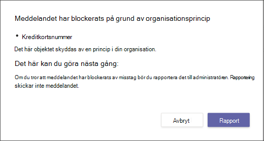 Dialogruta som förklarar varför ett meddelande har blockerats och inte kan åsidosättas