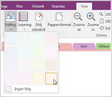 Skärmbild av knappen Sidans färg i OneNote 2016.