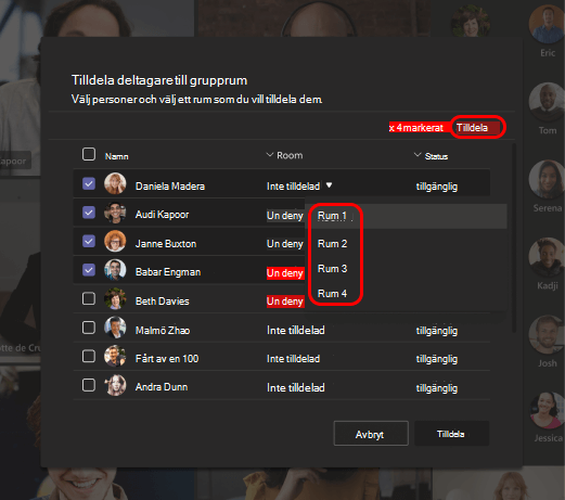Bild som visar hur du väljer grupprum för deltagare.