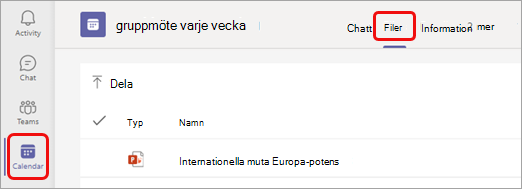Fliken Filer högst upp i en möteshändelse i kalendern