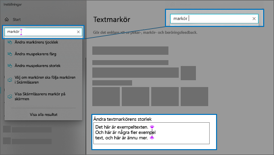 Sidan Inställningar för textmarkör