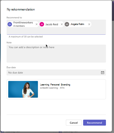 ett nytt fönster för grupprekommendation med alternativet att lägga till anteckningar och beskrivningar.