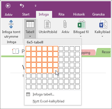 Skärmbild på hur du lägger till en tabell i OneNote 2016.