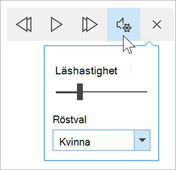 skärmbild av verktygsfältet med röstalternativ för avancerad läsare. Musen hovrar över inställningar som visar en växlingsknapp för läshastighet och listruta för röstval