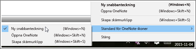 Skärmbild av systemfältet med OneNote-alternativ.