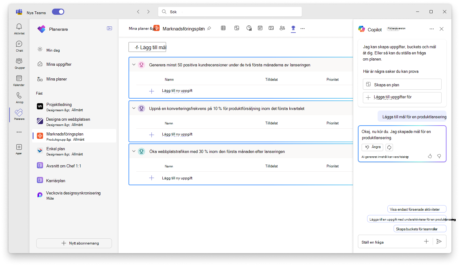 Skärmbild som visar användargränssnittet för Copilot i Planner som skapar mål.
