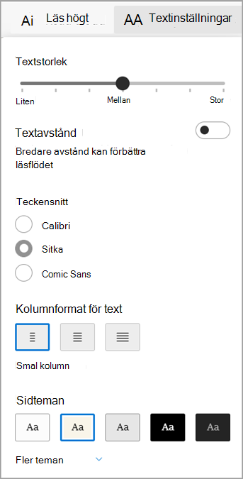 Textinställningar i Avancerad läsare för Microsoft Edge.