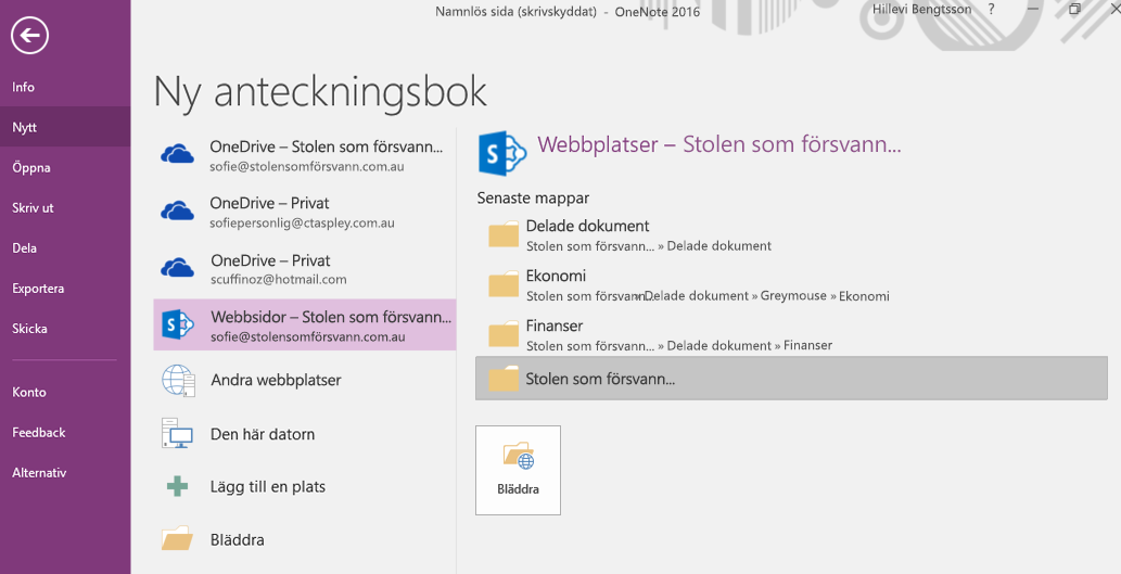 OneNote för Windows 2016, gränssnitt för val av mapp för Ny anteckningsbok