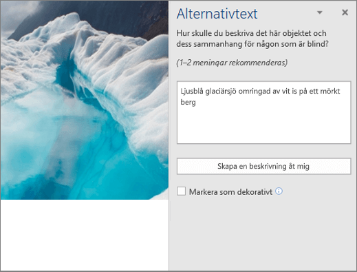 Den nya dialogrutan Alternativtext med automatiskt genererad alternativtext i Word