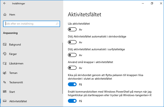 Inställningar för Aktivitetsfältet