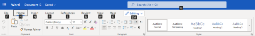 Menyfliksområdet med snabbtangenterna i Word för webben