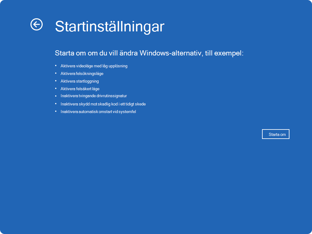 Skärmbild av Windows RE – startinställningar.