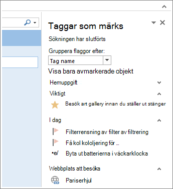 I fönstret Sammanfattning av flaggor finns en översiktlig lista över tillgängliga taggar.