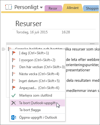 Skärmbild av hur du tar bort en Outlook-uppgift i OneNote 2016.