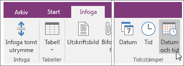 Skärmbild av knappen Datum och tid i OneNote 2016.