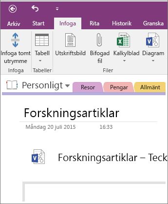 Skärmbild av hur du infogar ett nytt Visio-diagram i OneNote 2016.