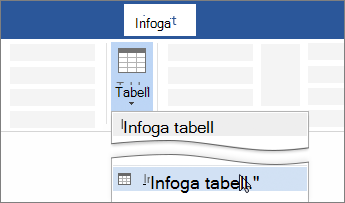 Alternativ för att infoga tabell i menyfliksområdet i Word