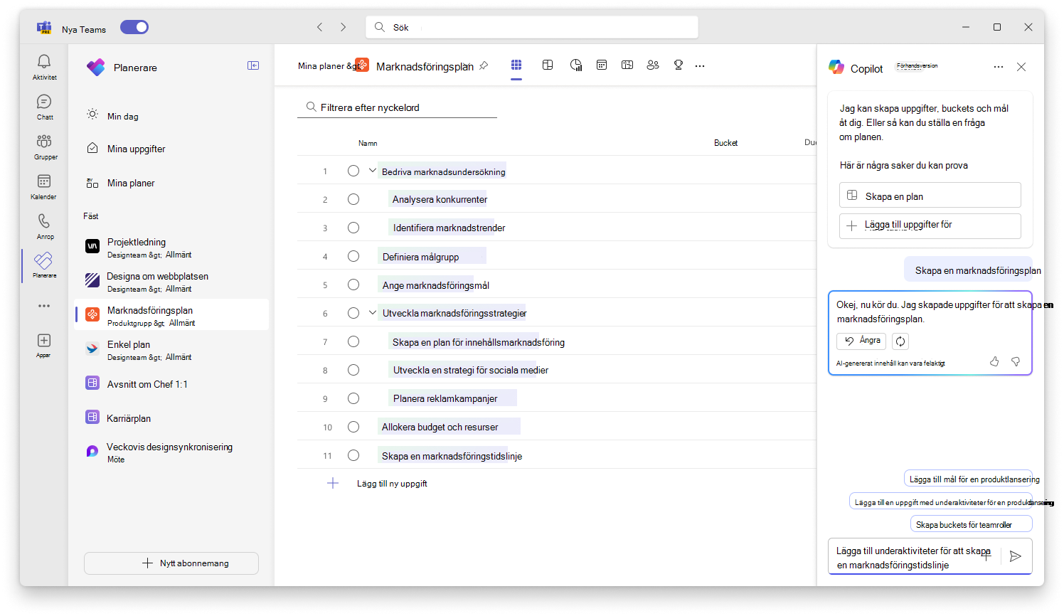 Skärmbild som visar användargränssnittet för Copilot i Planner som skapar en ny plan.