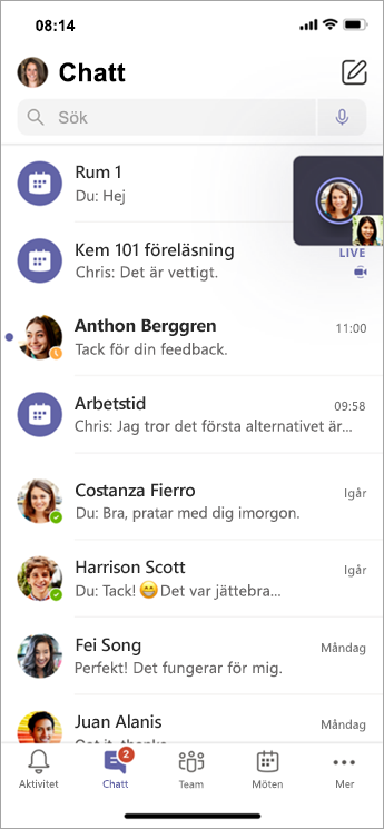 Chatt i Grupprum på mobilen.