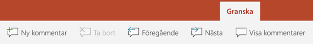 Fliken Granska i menyfliksområdet i PowerPoint på Android-surfplattor innehåller knappar för användning med kommentarer.