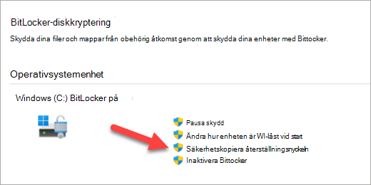 Appen Hantera BitLocker-kryptering med en pil som pekar på alternativet för att säkerhetskopiera BitLocker-återställningsnyckeln.