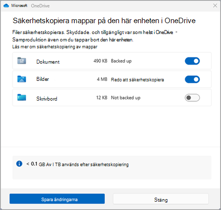 säkerhetskopia onedrive skärmbild tre version tre