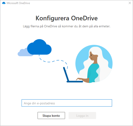 Skärmbild av den första skärmen i installationsprogrammet för OneDrive