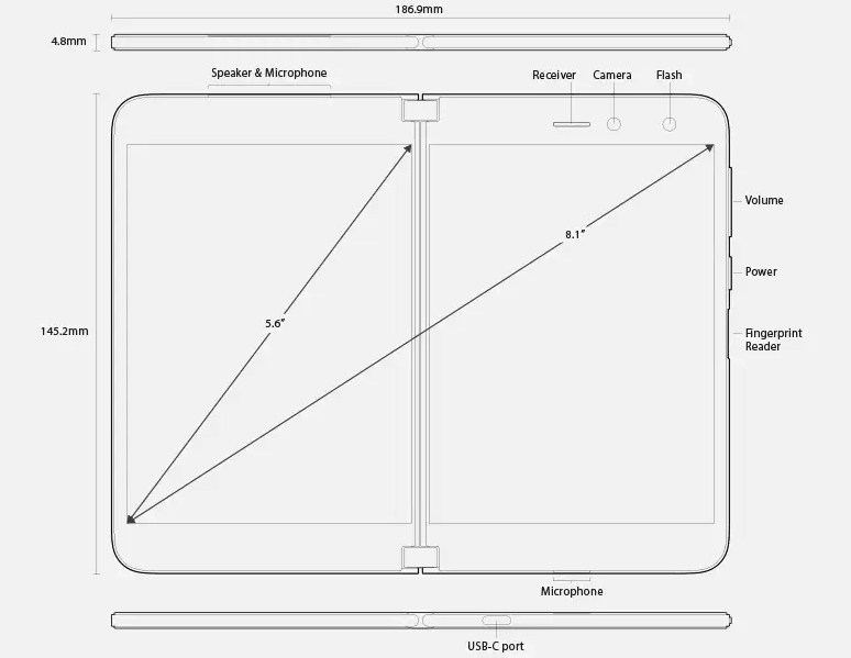 Visar surface duo-dimensioner och funktioner med enheten öppen.