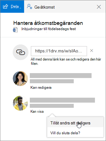 Skärmbild av avsnittet Delning i fönstret Information för en delad fil.