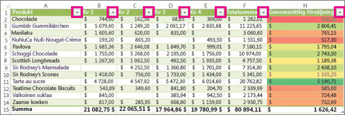 En Excel-tabell som visar inbyggda filter