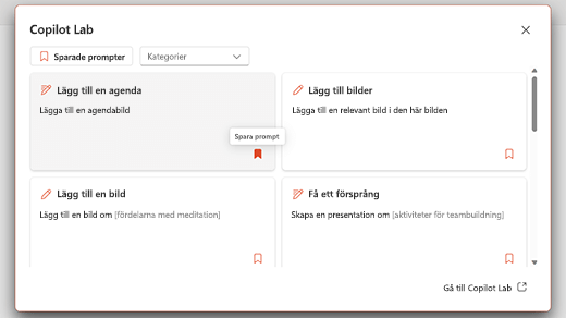 Fliken Copilot Lab sparade prompter, som visar de sparade prompterna med en markering på ikonen Spara prompt.